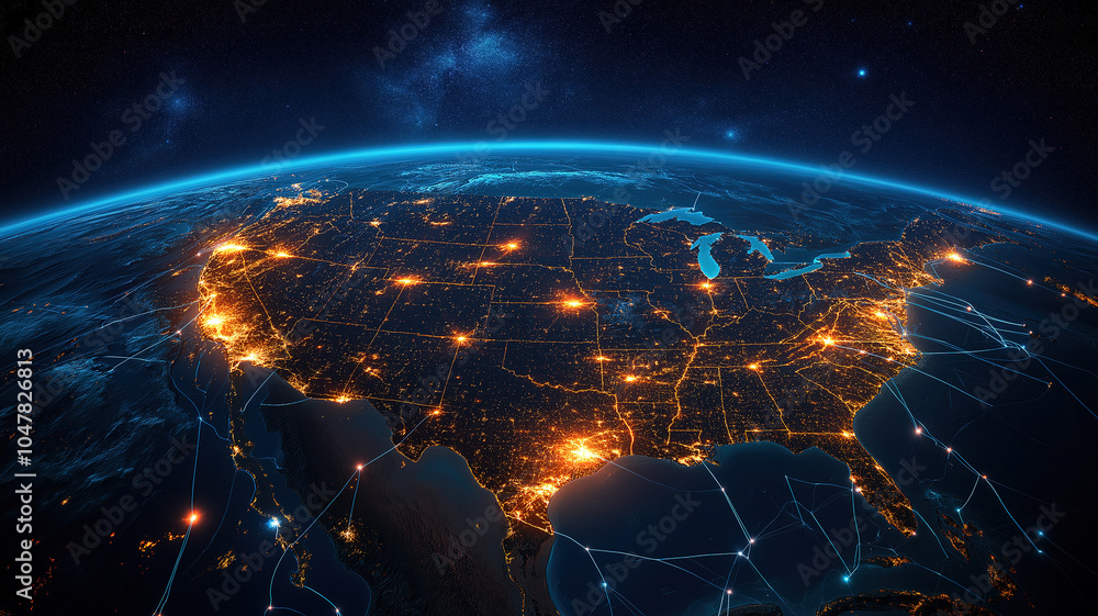 Poster elegant view of america from space illuminated by bright network lines for communication