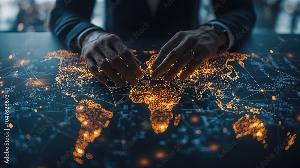 Poster elegant world map with interconnected lines symbolizing globalization and business networks