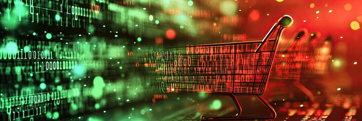 Shopping Basket with Binary Code Data Stream Wall - Red and Green - Customer Data Collection