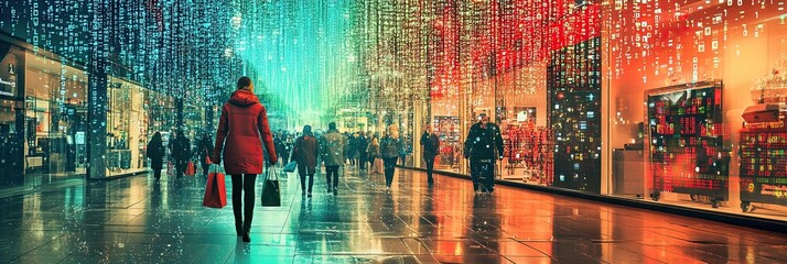 Christmas Shopping Downtown - Customer Data Collection for Marketing - Binary Code Tinsel Concept
