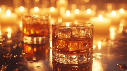 Close-up of whiskey glasses with ice, reflecting the amber glow of a candle-lit background. Classic, bold, and enticing. Perfect for cocktail lovers