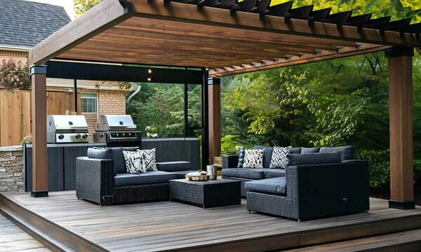 Cozy outdoor seating area with a pergola and barbecue setup.