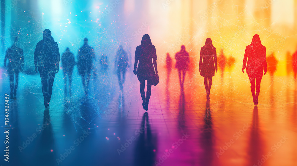 Poster elegant figures walking with a network overlay representing modern digital connectivity