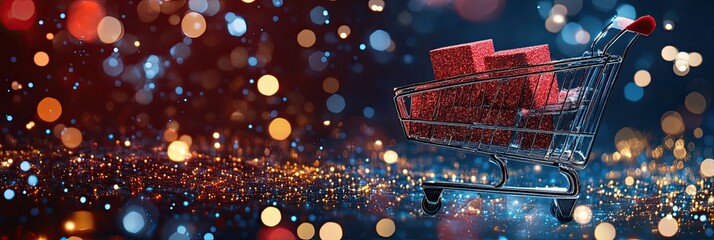 Shopping Cart with Red Glitter Wrapped Gifts on Sparkling Gold Bokeh Background - Retail Shopping at Holidays