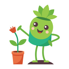 Cute Plant Mascot Character with Flower Pot – Green Cartoon Gardener Illustration for Nature and Eco Designs