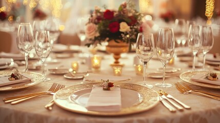 Corporate dinner venue with sophisticated table settings, gold flatware, and floral centerpieces, under warm ambient lighting, isolated on white