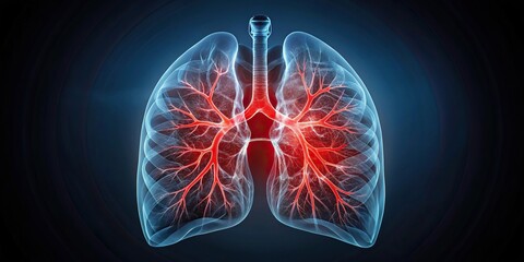 Symmetrical intriguing X-ray of lung with highlighted pulmonary embolism in red overlay on dark gradient background
