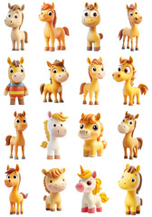 Obraz premium Charming Cartoon Horse and Unicorn Illustrations Set with Transparent Background for Design Overlays and Decorations