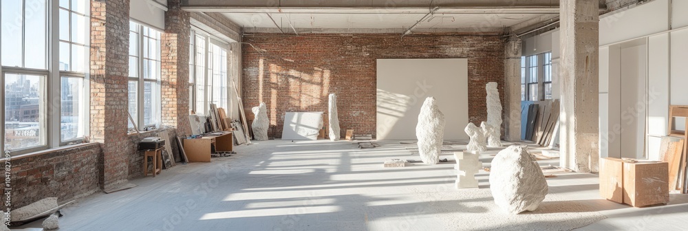 Sticker A large, empty loft space with large windows, white walls, and a brick wall, illuminated by sunlight