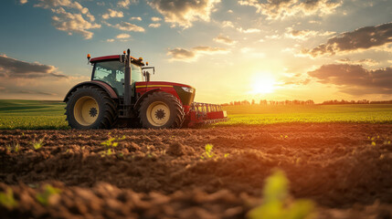 Fototapeta premium A red tractor plowing a field at sunset, showcasing agricultural activity and nature.
