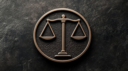 A bronze emblem of balanced scales symbolizing justice and law.