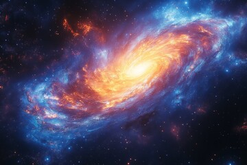 Obraz premium A mesmerizing image of a bright galaxy swirling in space, exhibiting bright orange and blue hues, representing cosmic beauty and the mysteries of the universe.