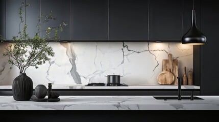 Kitchen marble bench close up with black hanging pendant and vase. Modern kitchen. Ultra realistic. Photorealistic