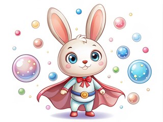 Obraz premium Adorable Little Rabbit Dressed as Superhero with Cape Surrounded by Colorful Candy Treats