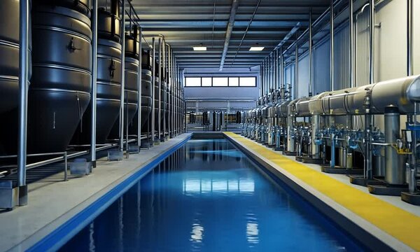 Industrial facility with large tanks and pipes, likely for water treatment or processing.
