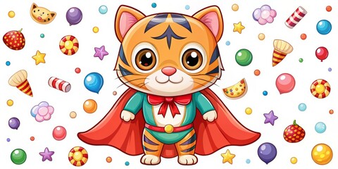 Fototapeta premium Adorable Little Tiger Dressed as a Superhero with a Colorful Cape in a Playful Setting