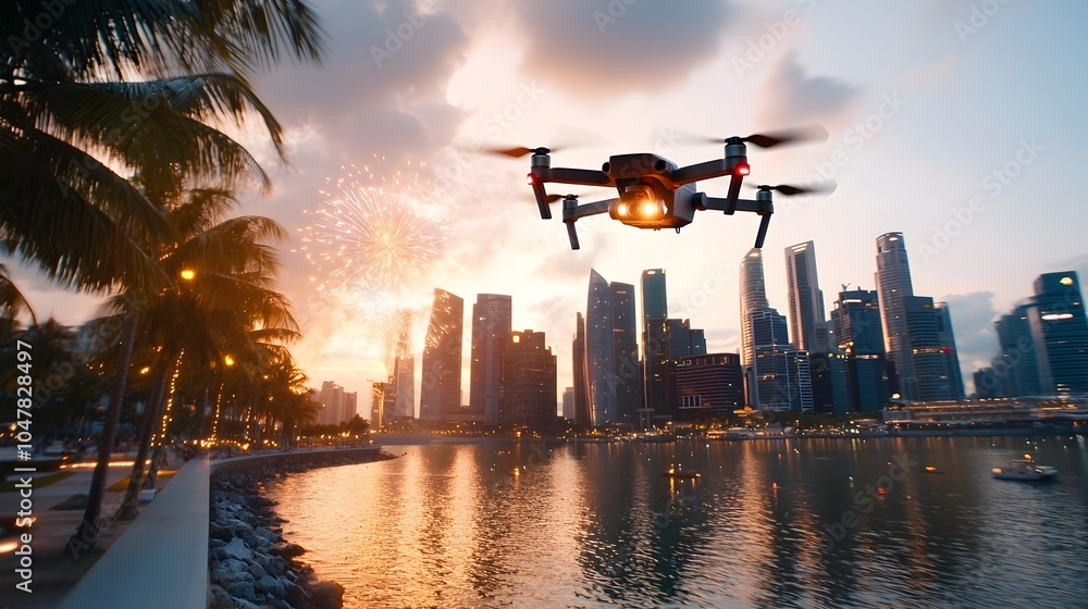 Poster dazzling drone light show captivates city with synchronized music and fireworks a spectacular aerial