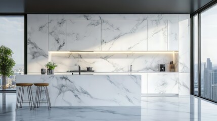 Luxury white modern marble kitchen in studio space. Modern kitchen. Ultra realistic. Photorealistic