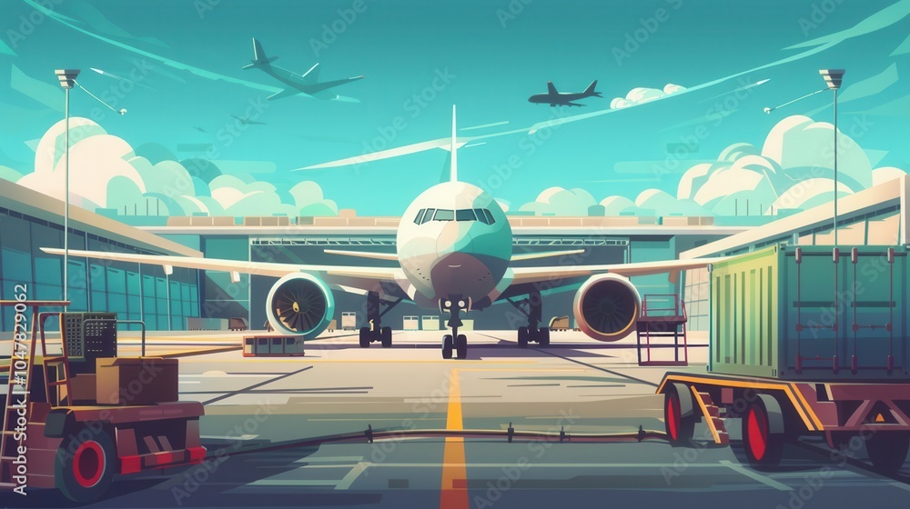 Poster a cargo airplane is positioned on the runway with various loading and unloading equipment actively d