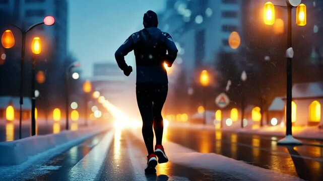 Silhouette of a runner on a wet city street illuminated by streetlights, capturing the dedication and solitude of nighttime exercise