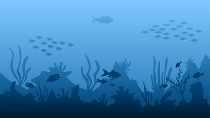 Landscape illustration of seabed with coral reefs and fishes