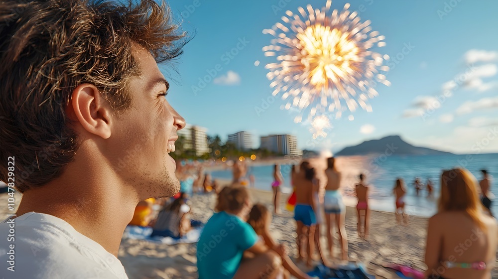 Poster breathtaking fireworks exploding in a dazzling display over the calm reflective surface of the ocean