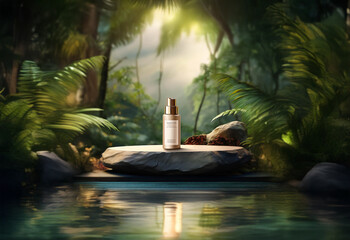 Obraz premium A glass bottle of product sits on a stone platform in a tropical jungle setting.