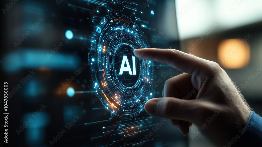 Poster businessman touching a digital hologram of an ai icon with the text 