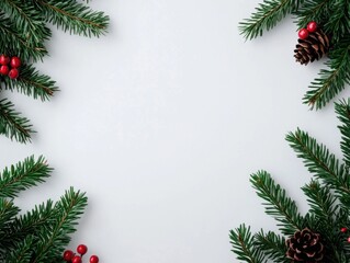 Festive pine branches adorned with red berries and pine cones on a white background.
