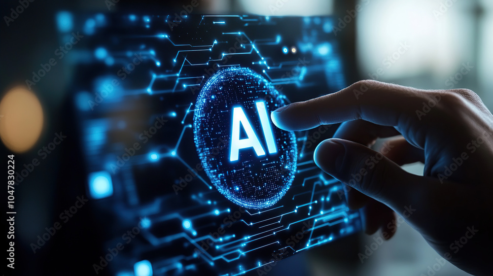 Poster businessman touching a digital hologram of an ai icon with the text 