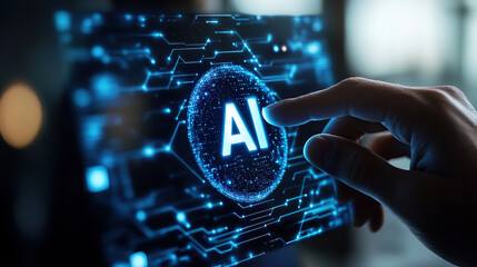Businessman touching a digital hologram of an AI icon with the text "AI" on a virtual screen