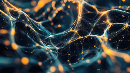 Abstract Network with Glowing Orange Particles