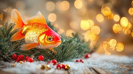 Goldfish among festive decorations, perfect for holiday themes and seasonal celebrations.