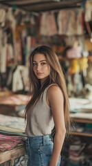 Fototapeta premium Happy latin girl looking at camera in casual outfit, in her design studio. International Women's Day concept.