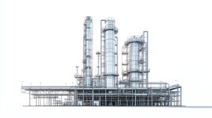 Detailed view of oil refinery distillation towers with pipelines, isolated on white background