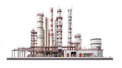 Detailed view of oil refinery process towers and connecting pipes, isolated on white background