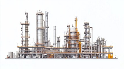 Obraz premium Detailed view of oil refinery process towers and connecting pipes, isolated on white background