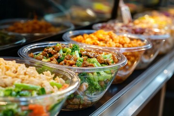 Obraz premium Takeaway prepared meals in transparent glass bowls displayed at a food counter