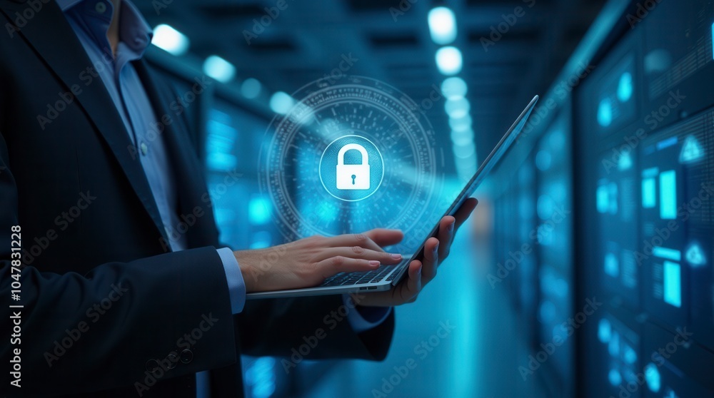 Poster businessman with virtual cybersecurity technology data protection for secure global business network