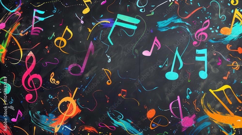 Poster a vibrant chalkboard showcases colorful brushstrokes intertwined with musical notes, illustrating cr