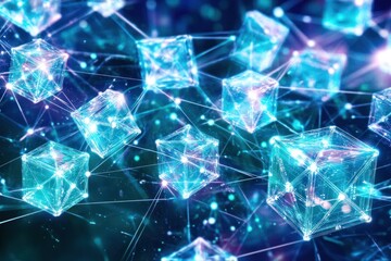 Abstract digital network of glowing blue cubes connected by lines on a dark background.