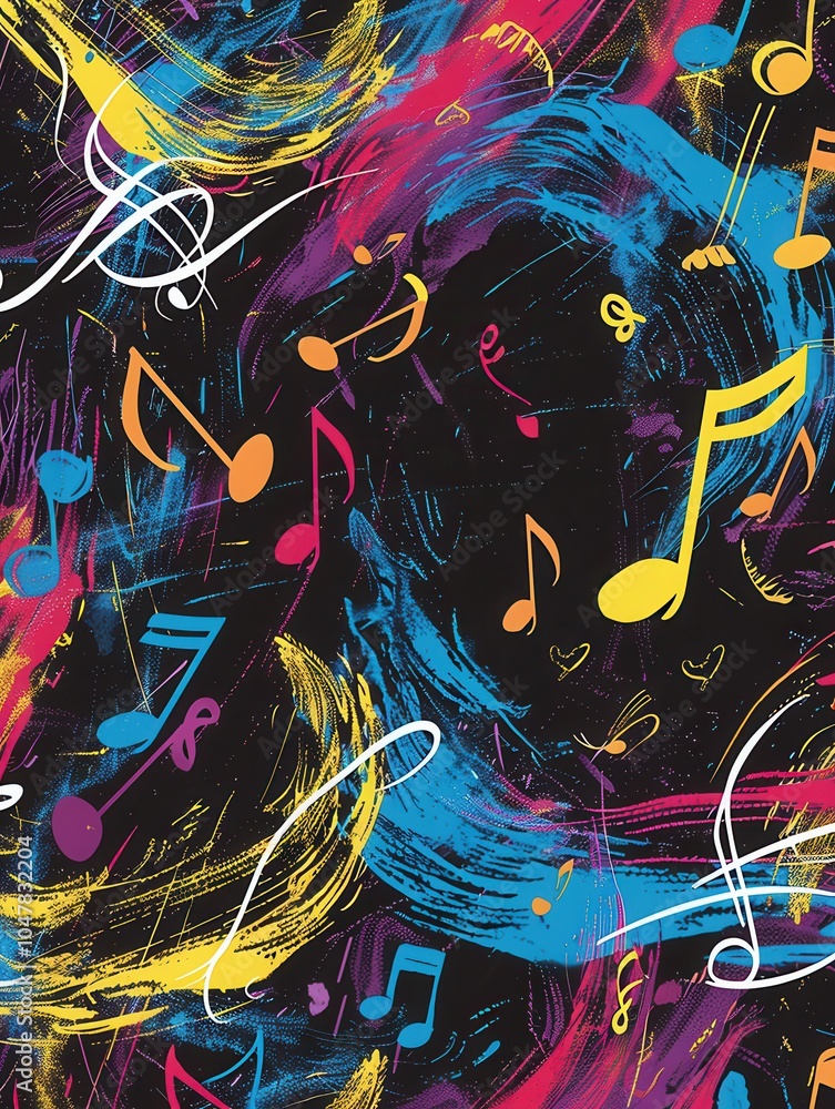 Aufkleber a chalkboard showcases a lively mix of colorful brushstrokes intertwined with various musical notes 