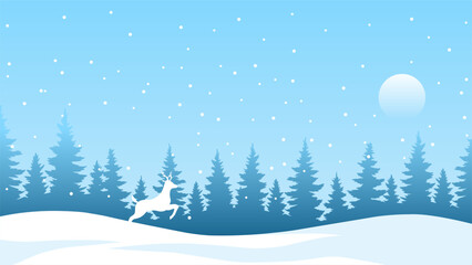 Landscape illustration of winter hill with pine forest and reindeer