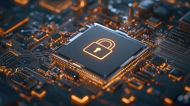 3D rendering of an icon on a chip with a padlock symbol floating over a computer circuit board background