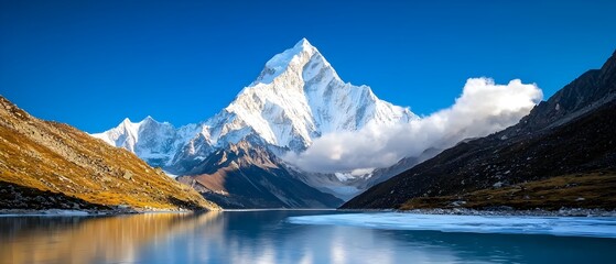 Breathtaking scenic view of a frozen river winding its way through a serene valley surrounded by towering snow capped mountains in a remote winter wonderland