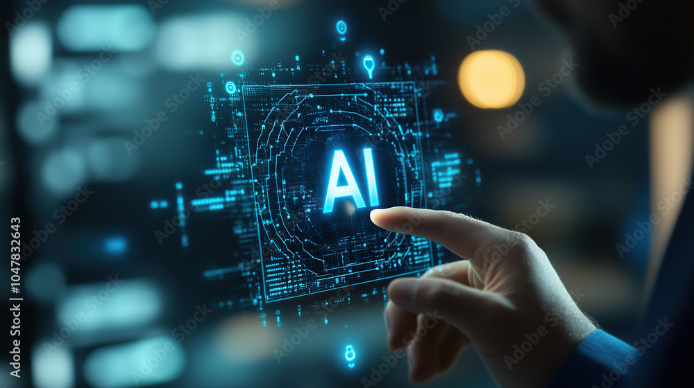 Poster businessman touching a digital hologram of an ai icon with the text 