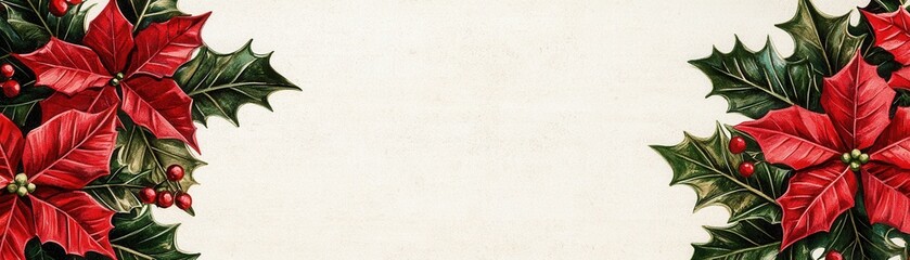 Poinsettia flowers with green leaves on a vintage background.