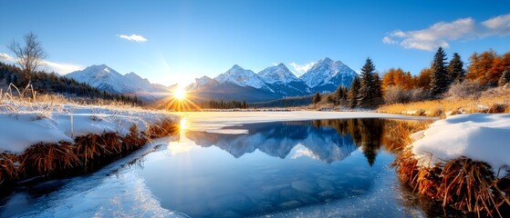 Breathtaking winter landscape featuring a frozen lake reflecting the snow covered mountains and a clear tranquil sky  This peaceful