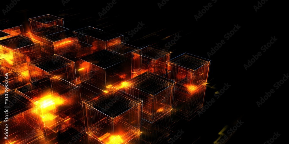 Canvas Prints Abstract glowing orange cubes on a dark background.