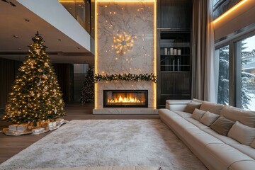 Christmas Tree With Illumination Near the Fireplace. Home Decor 